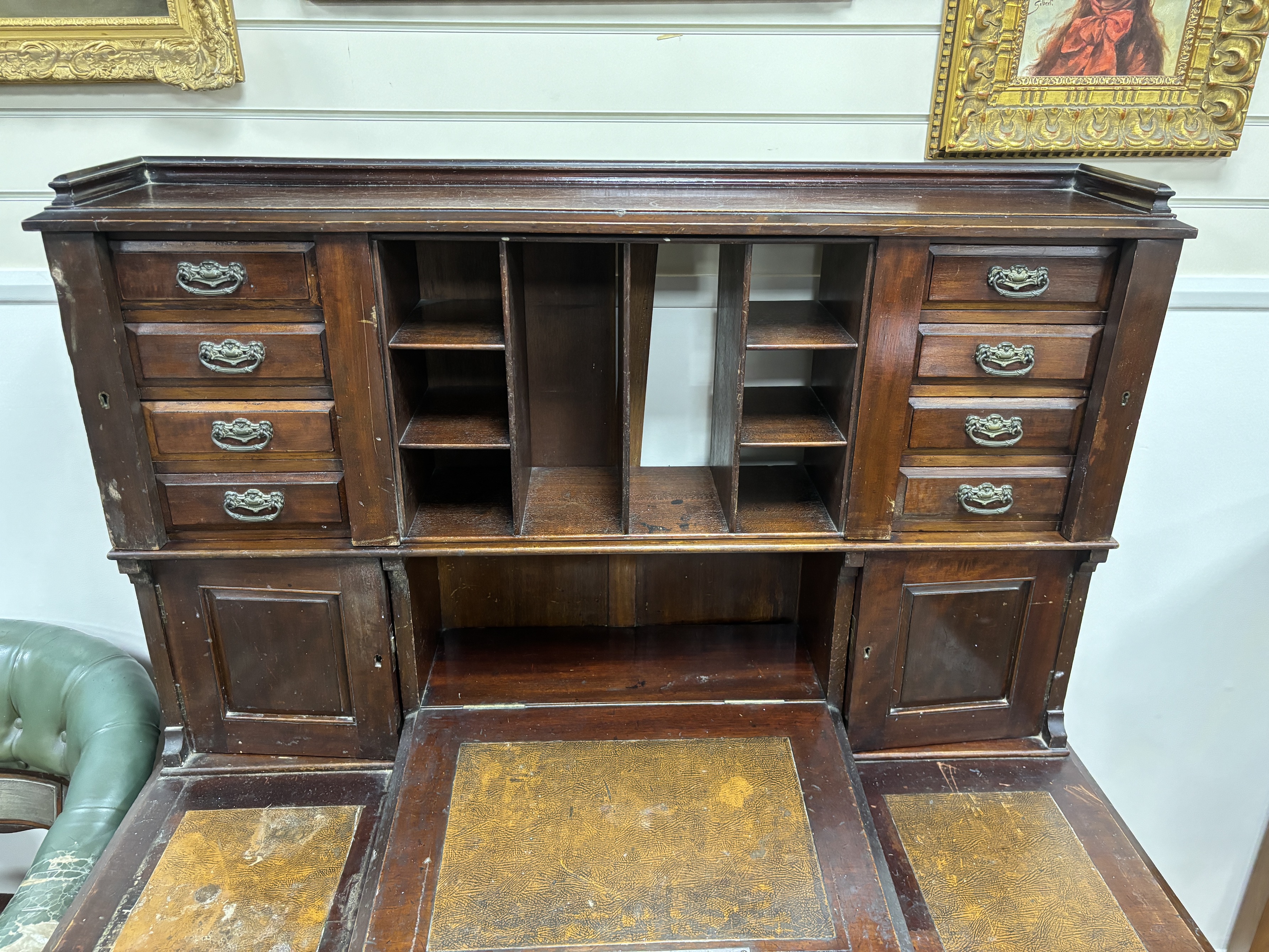 A late Victorian mahogany pedestal desk, width 118cm, depth 65cm, height 148cm, provenance Pickersgill, Labour MP and an associated late Victorian mahogany office elbow chair, provenance as above